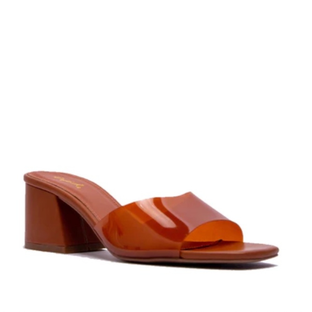 NIB Quipid Katen Transparent Open Toe Cognac Block Heel Sandal